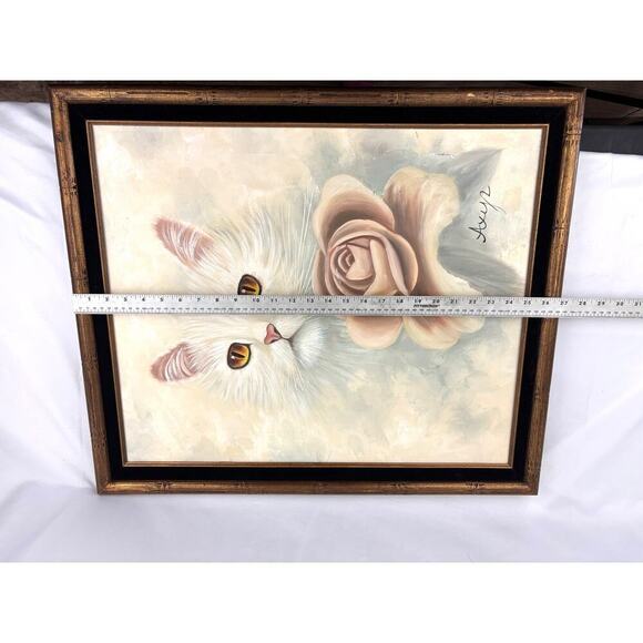 VTG White Cat Oil Painting Signed Original Hand Painted Art Canvas Framed OOAK - Picture 10 of 10
